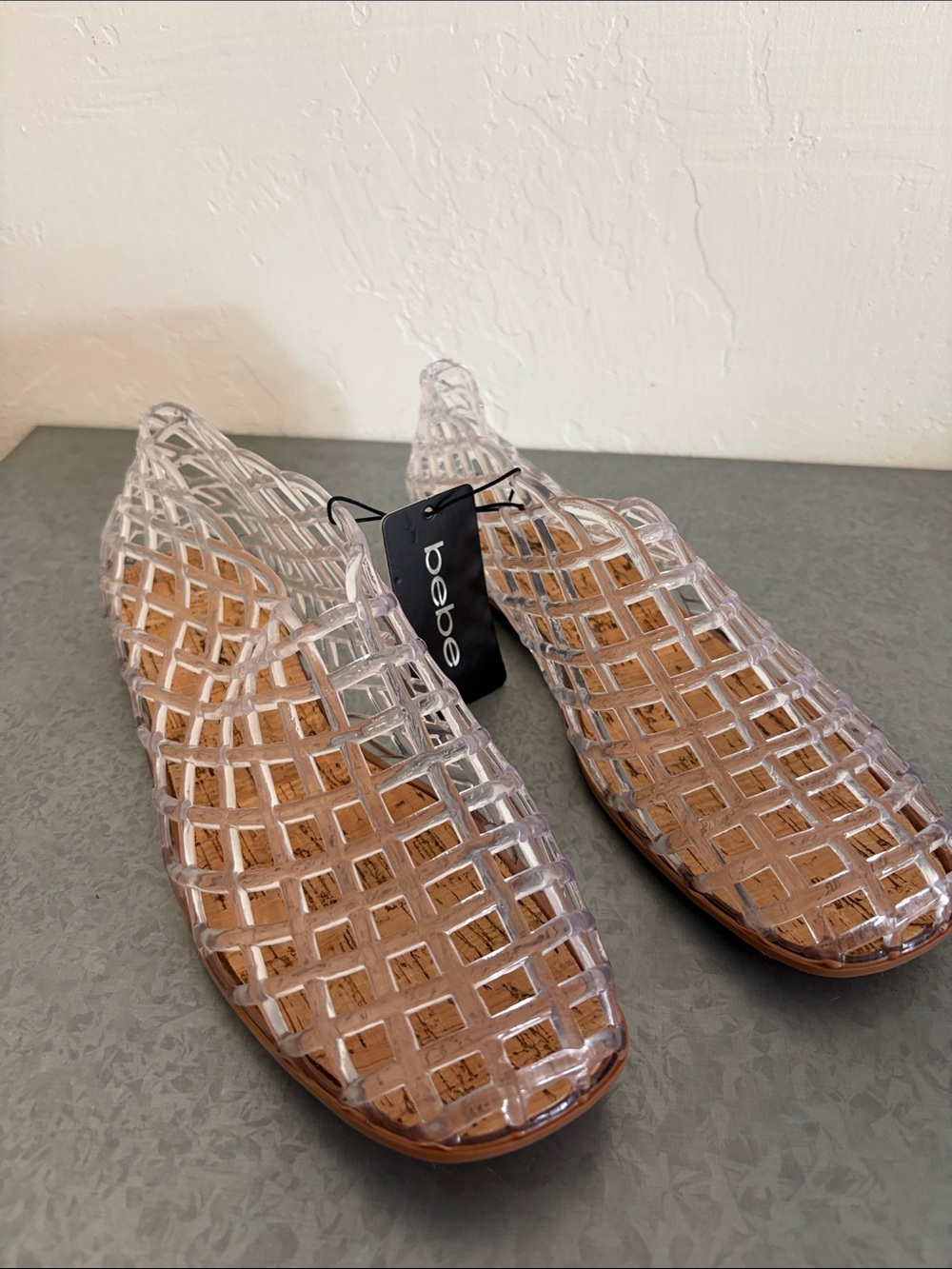 NWT Bebe Y2K Clear Jelly Woven Cork Footbed Flats Size 9